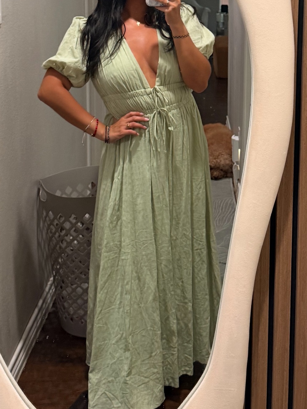 Showpo Sage Green Deep V Maxi Dress with Drawstring Waist